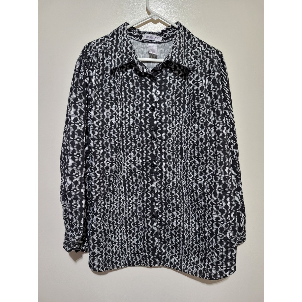 Roaman's Button Down Blouse Women 1X Black White Geometric Ikat Print